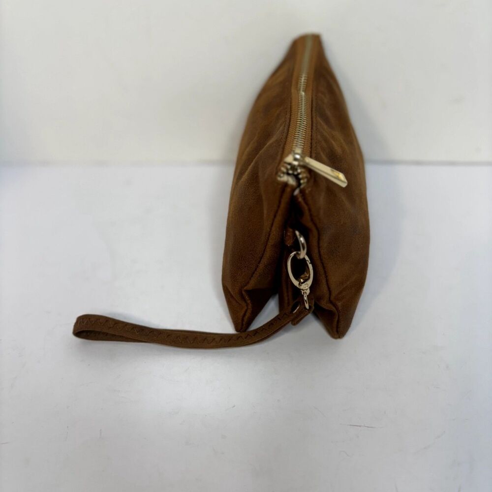 Caroline Hill Wristlet Clutch Brown Suede-Like Gold Zipper Removable Strap - Picture 4 of 9